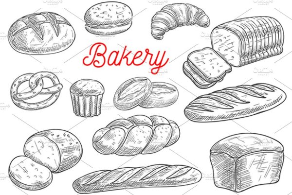 Хлеб и булочки карандашом