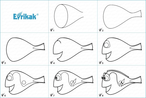 Нарисовать рыбку дори поэтапно