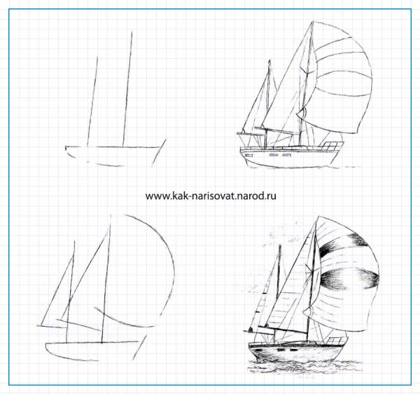 Поэтапное рисование корабля для детей