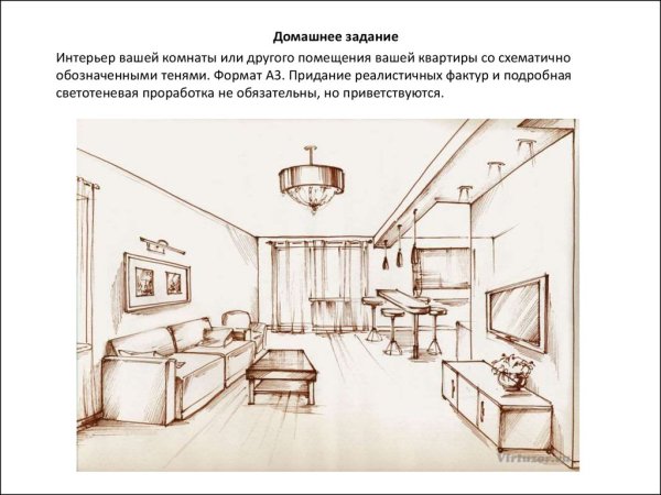 Линейно конструктивный рисунок угла интерьера