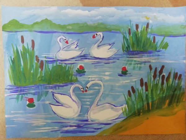 Лебеди на пруду рисование