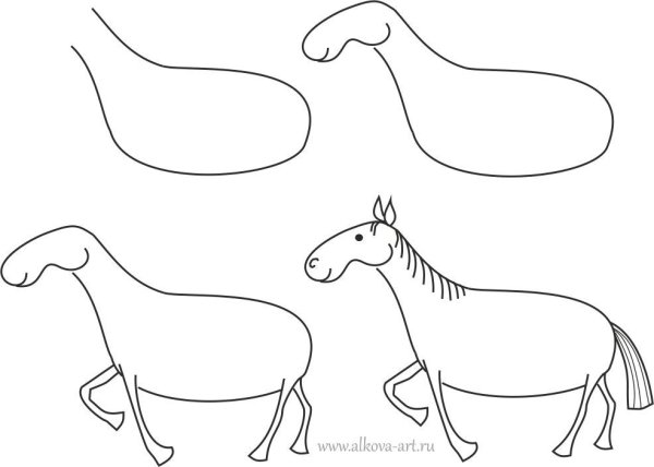 Поэтапное рисование лошади для детей