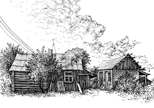 Деревенский пейзаж карандашом