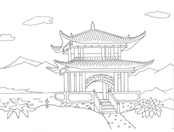 Японский домик раскраска