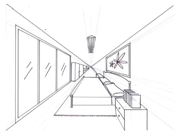 Фронтальная перспектива комнаты по этапно