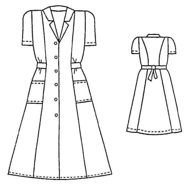 Технический эскиз женского платья отрезного по талии