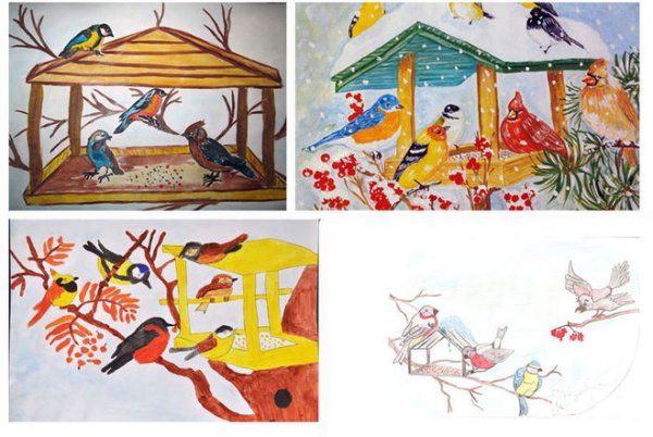 Синичка в кормушке рисунок