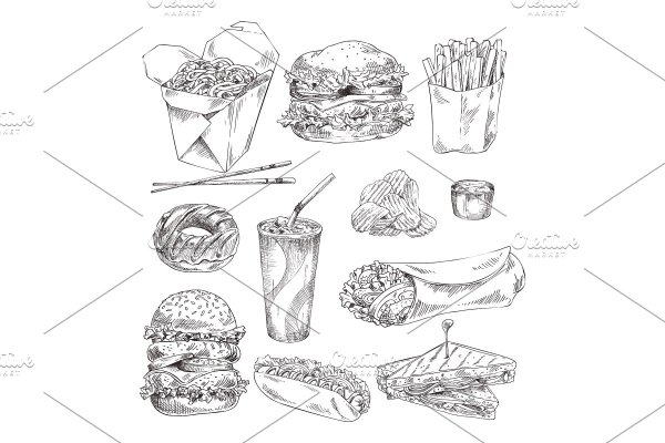 Зарисовки фаст фуда вектор
