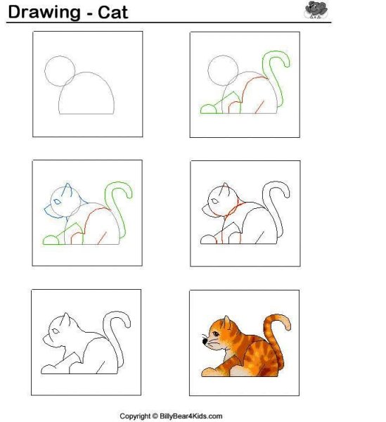 Поэтапный рисунок кошки для детей