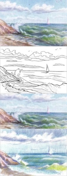 Море цветными карандашами