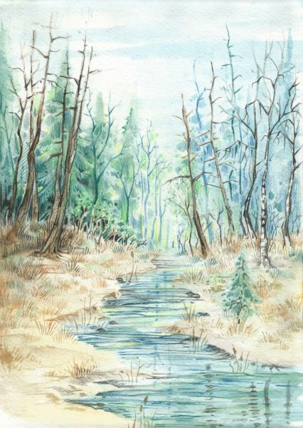 Весенний пейзаж цветными карандашами