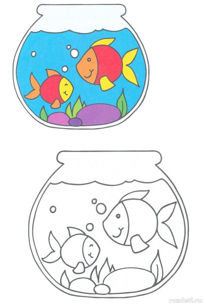Раскраска круглый аквариум с рыбками