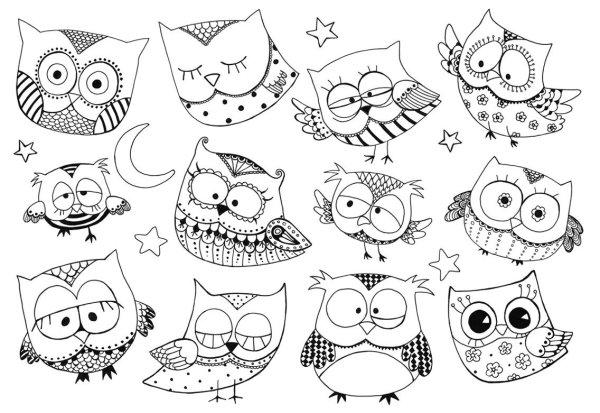 Раскраска много совушек