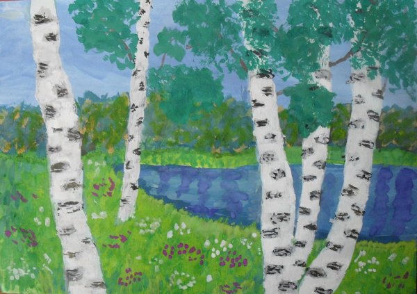 Береза цветными карандашами