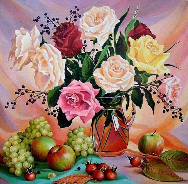 Натюрморт с цветами и фруктами