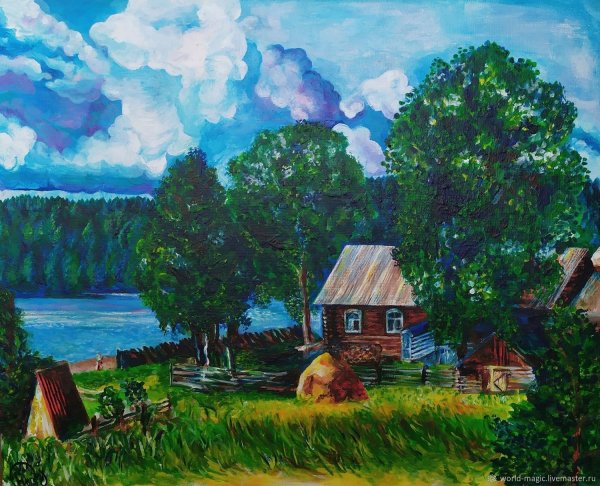 Деревенский пейзаж красками