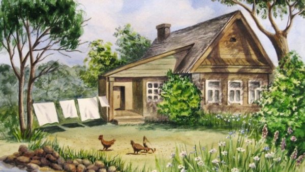 Нарисовать домик в деревне