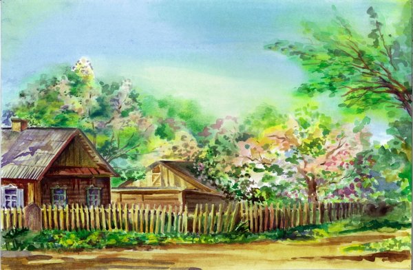 Деревенский пейзаж акварелью