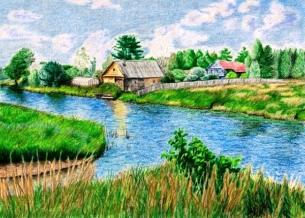 Летний пейзаж цветными карандашами