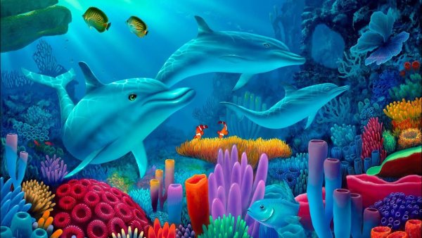 Морское дно с дельфинами