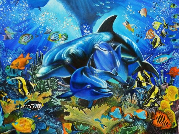 Морское дно с дельфинами