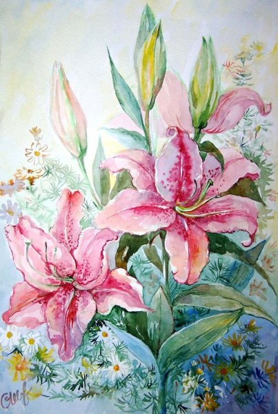 Лилии акварелью