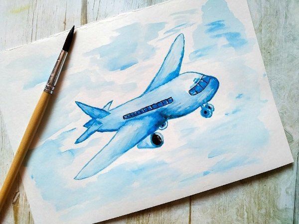 Самолет акварелью для детей