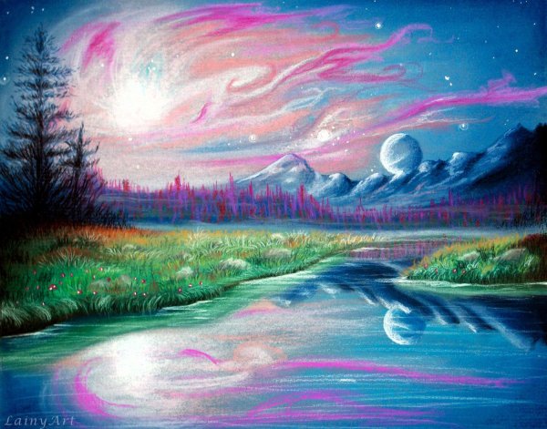 Пейзаж цветными карандашами