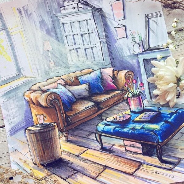 Скетч интерьера акварель