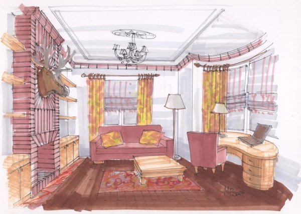 Эскиз интерьера жилой комнаты