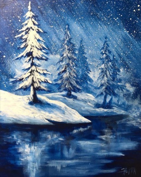 Зимний лес гуашью