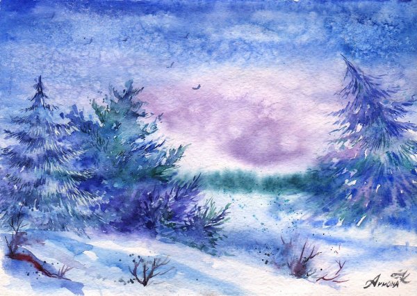 Зимний пейзаж гуашью