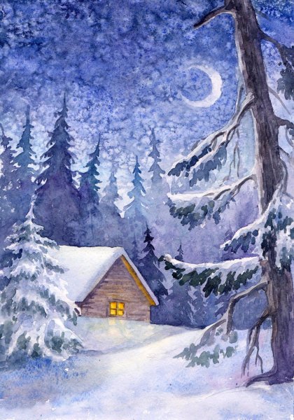 Зимний пейзаж гуашью