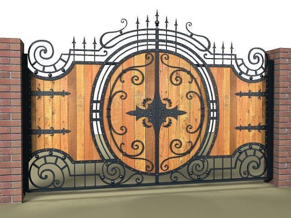 Кованые ворота с деревом