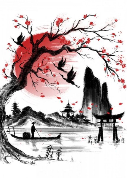 Японская традиционная Суми-э живопись. Гора Фудзи, Сакура