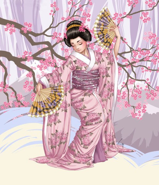 Японская живопись гейши Сакура