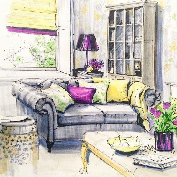 Интерьер акварелью