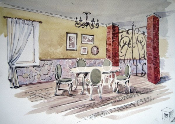 Угловой интерьер акварелью