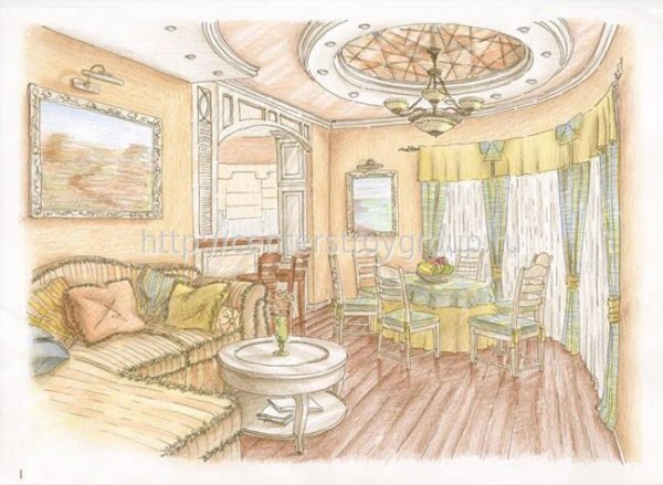 Эскизный набросок интерьера гостиной в стиле Кантри