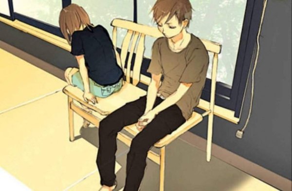 Парень сидит на лавке аниме