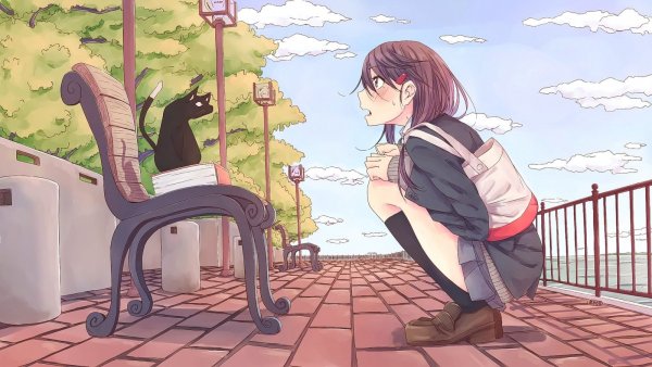 Аниме сидит на лавочке