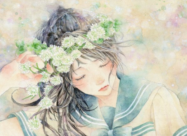 Рисованные японские девушки в венках из цветов