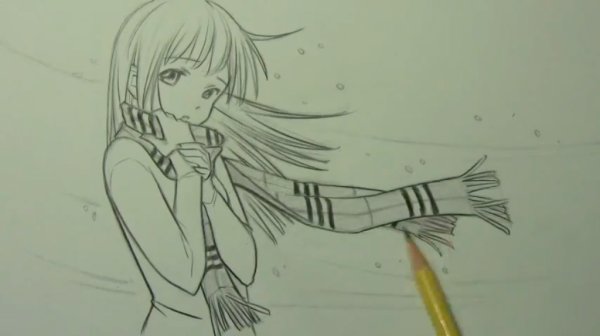 Аниме девочка с шарфом карандашом