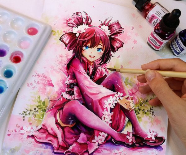 Аниме акварельными карандашами