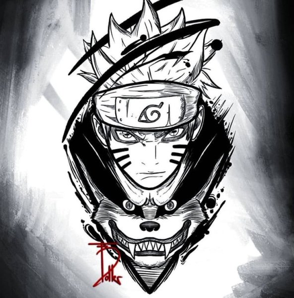 Эскиз тату Наруто и курама