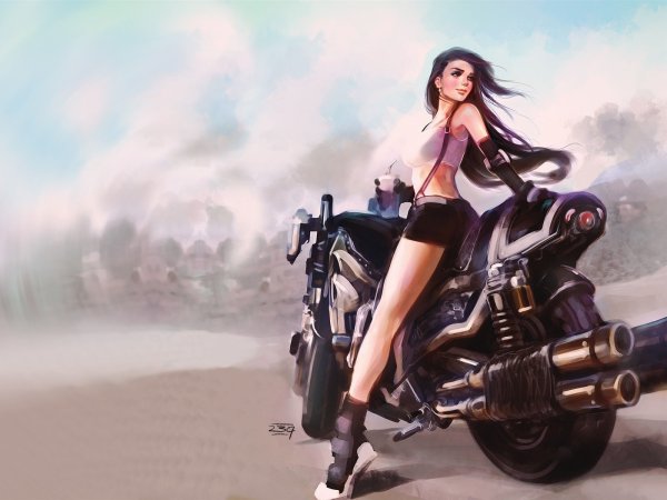 Аниме блондинка на мотоцикле