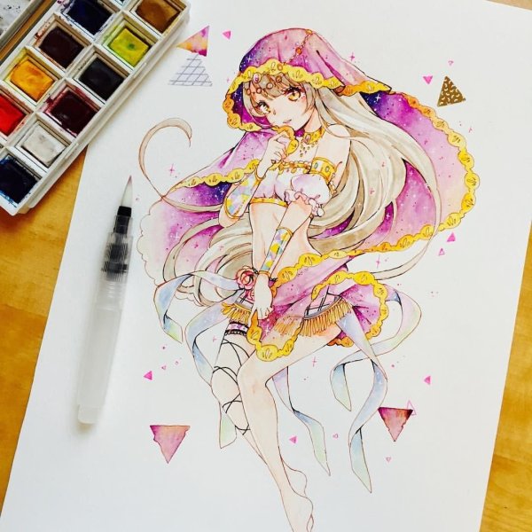 Аниме акварельными карандашами