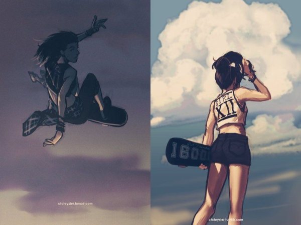 Аниме девушка на скейте