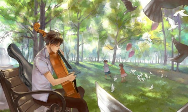 Аниме парень на скамейке