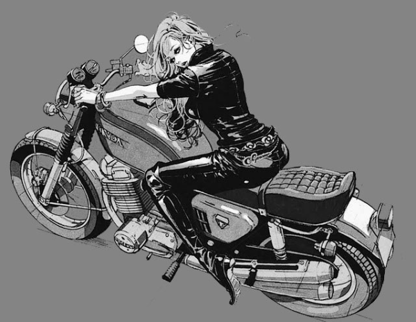 Нарисованная девушка на мотоцикле